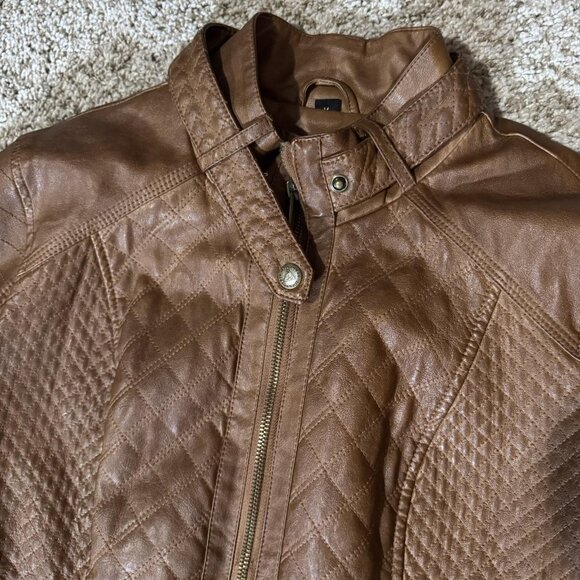 Guess Jacket Womens Medium Brown Quilted Faux Leather Moto Stand Collar Zipper - Picture 4 of 13